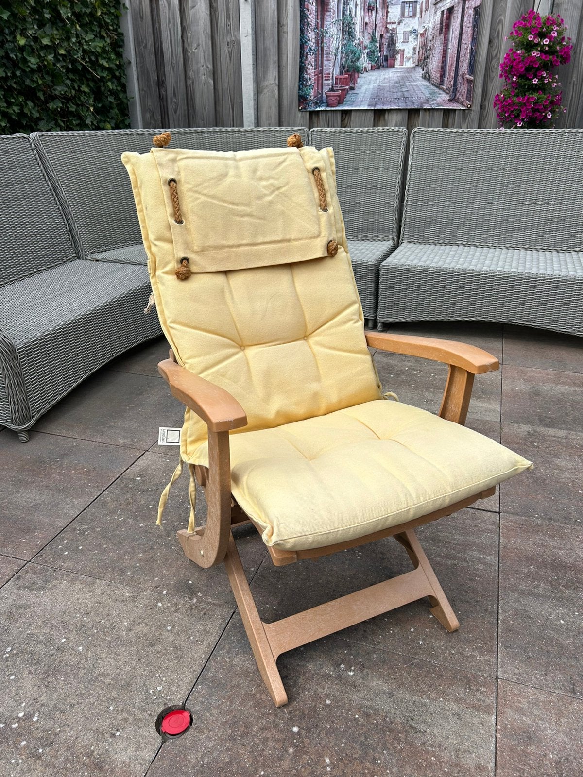 5 grosfillex 4 standen stoelen kunststof met kussen, Ophalen, Zo goed als nieuw, Kunststof