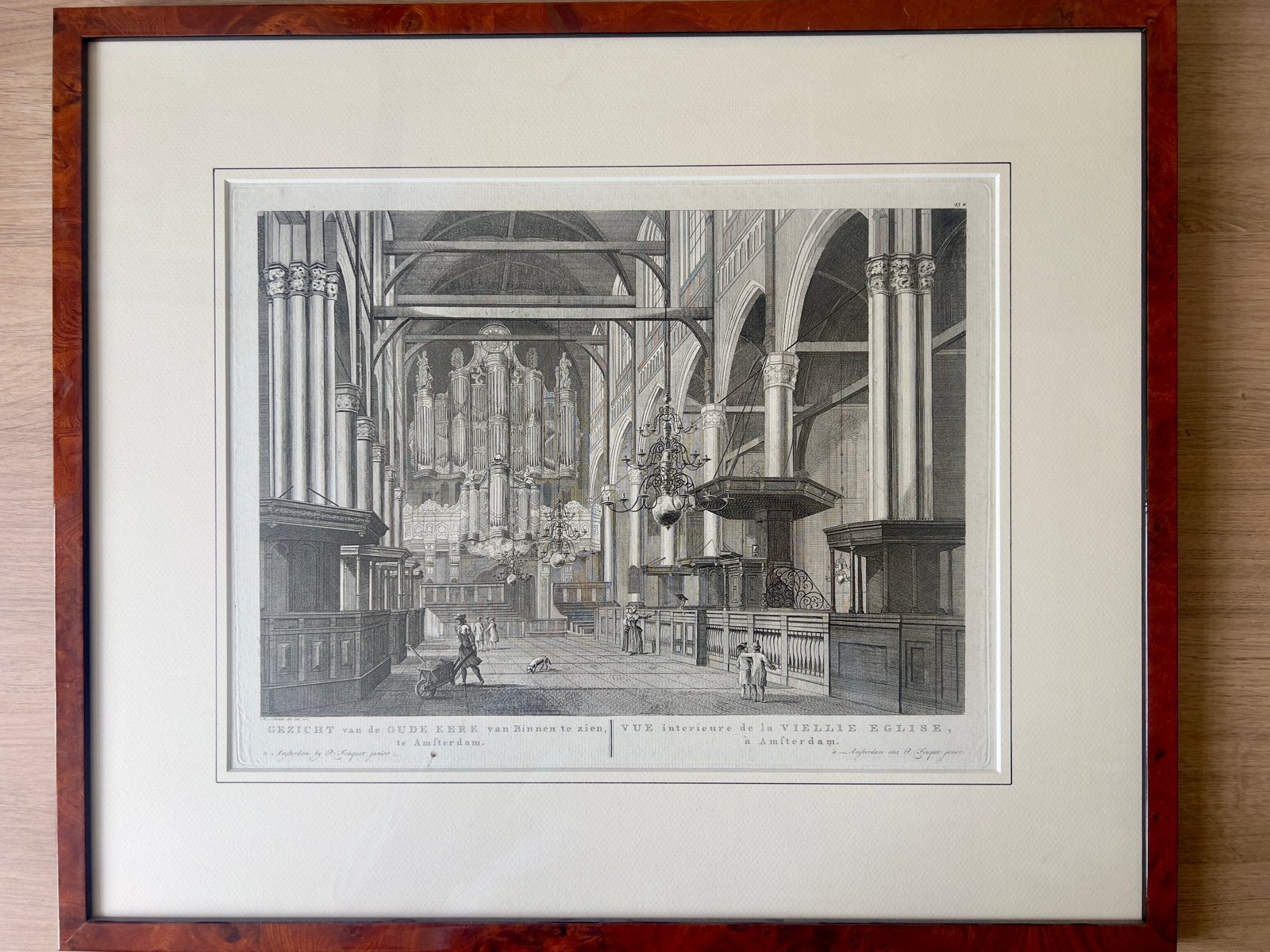 Gravure interieur met orgel van de Oude Kerk Amsterdam, 53 cm, 1800 - 1899, Met tekst, Architectuur