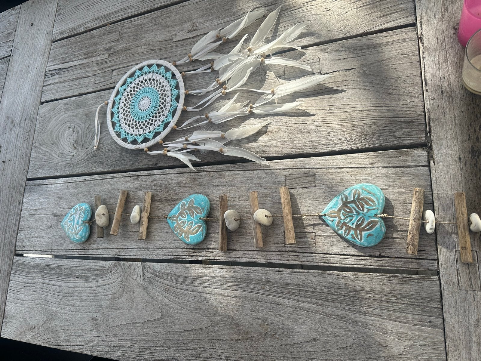Dromenvanger en decoratieve slinger met hartjes, Hout, Meerkleurig, Boho, Ophalen of Verzenden