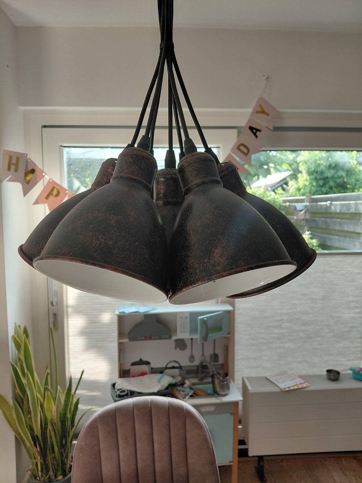 2x Industriële hanglamp met 7 kappen, roestbruin, Ophalen, E27 (groot), Zo goed als nieuw, Industrieel, Vintage