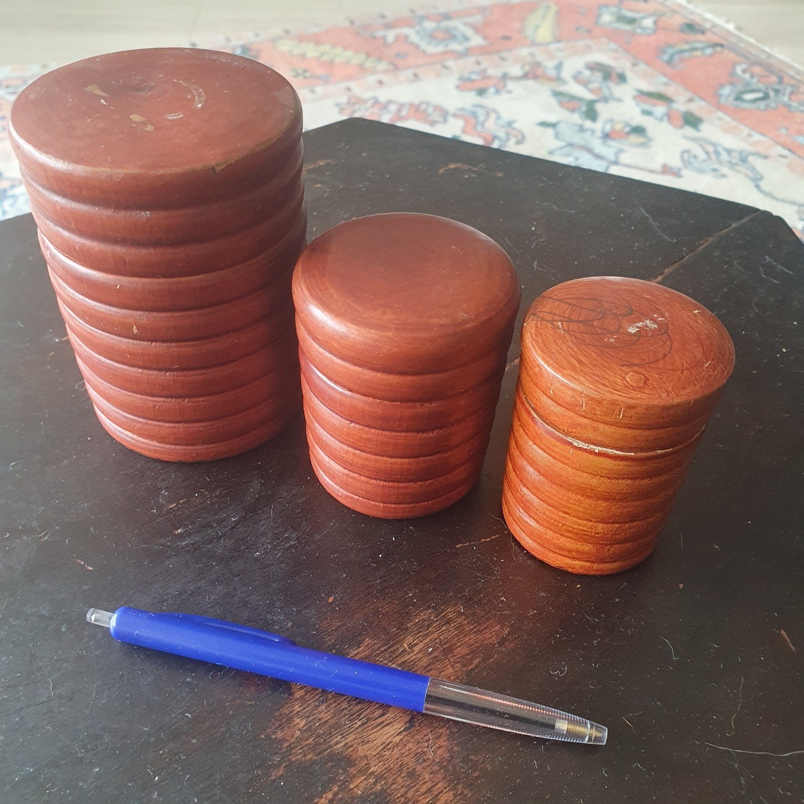 3 antieke zalfpotjes, mahoniehout?, Ophalen of Verzenden