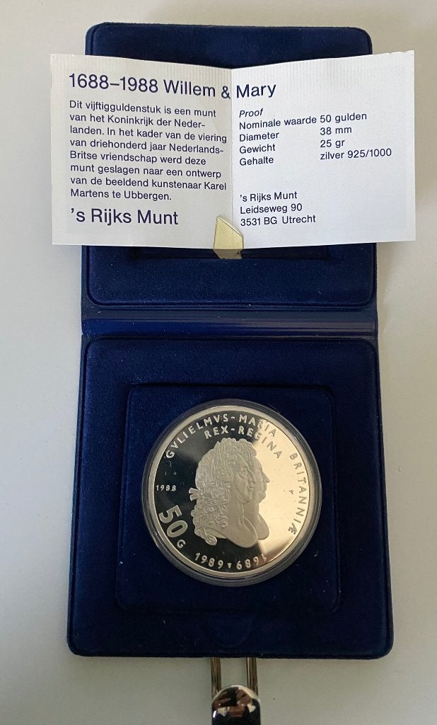 Zilveren 50 Gulden 1988 - Willem & Mary (Proof + Doos)