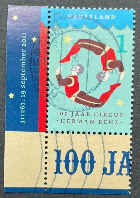 2011 100 jr Circus Herman Renz nvph 2873/hoek Acrobaat, Ophalen of Verzenden, Na 1940, Gestempeld