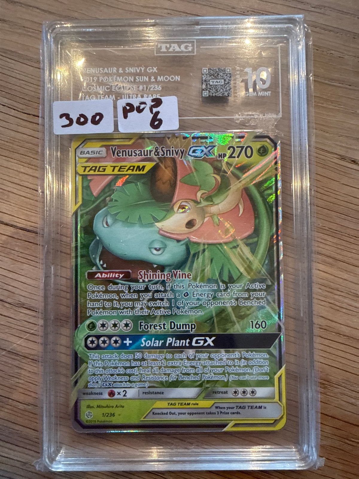 Venusaur & Snivy GX TAG TEAM PSA 10 GEM MINT Pokemon Kaart, Ophalen of Verzenden, Zo goed als nieuw, Losse kaart