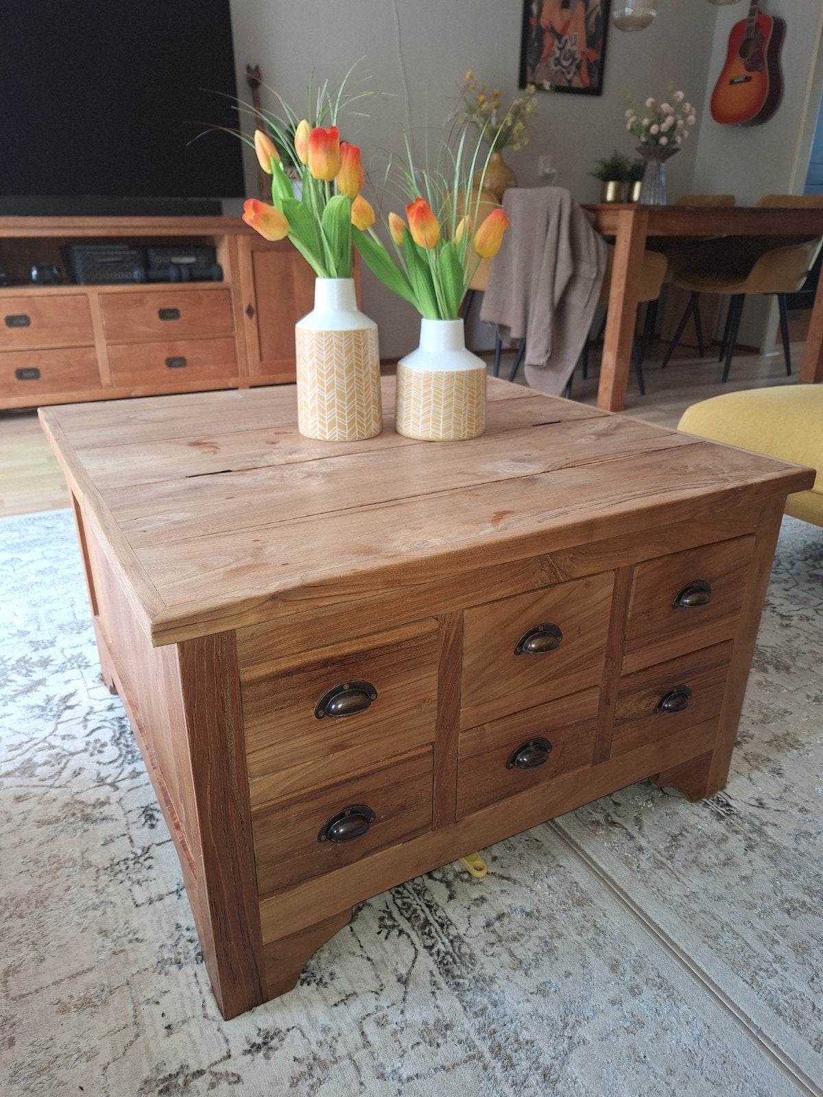 Onbehandelde Teakhouten Salontafel., Ophalen, Gebruikt, 50 tot 100 cm, 50 tot 100 cm