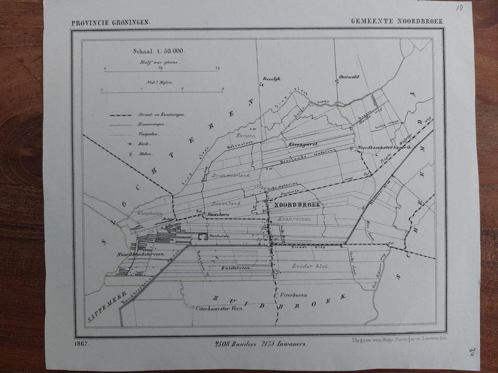 34 / Gemeente Noordbroek  Liho uit 1867 van J. Kuyper, Antiek en Kunst, Ophalen of Verzenden