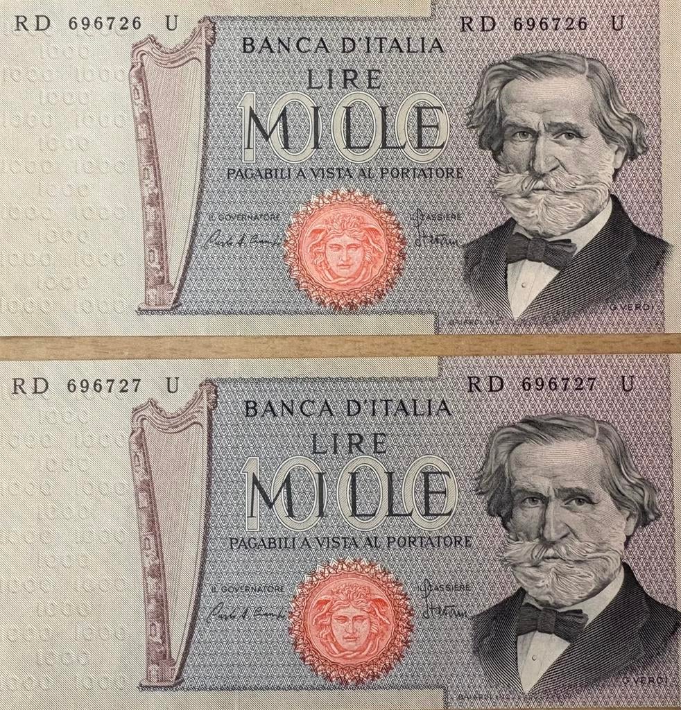 2 biljetten 1000 lire, Ophalen of Verzenden, Italië, Setje
