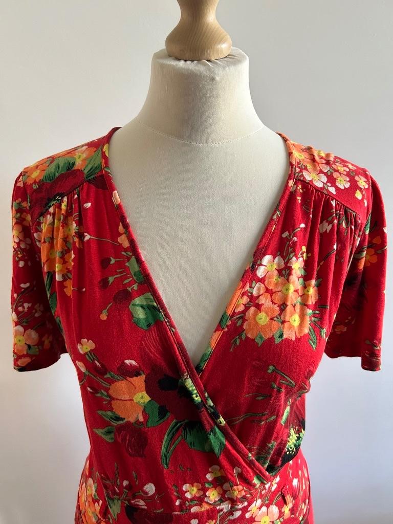 King Louie maat XXL cross rode bloemen jurk 3261, Maat 46/48 (XL) of groter, Ophalen of Verzenden, Zo goed als nieuw, Knielengte