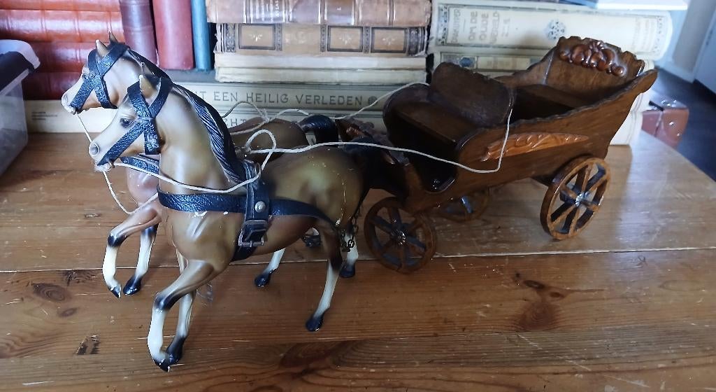 Boerenkar Amish miniatuur model met span van twee paarden, Antiek en Kunst, Ophalen of Verzenden