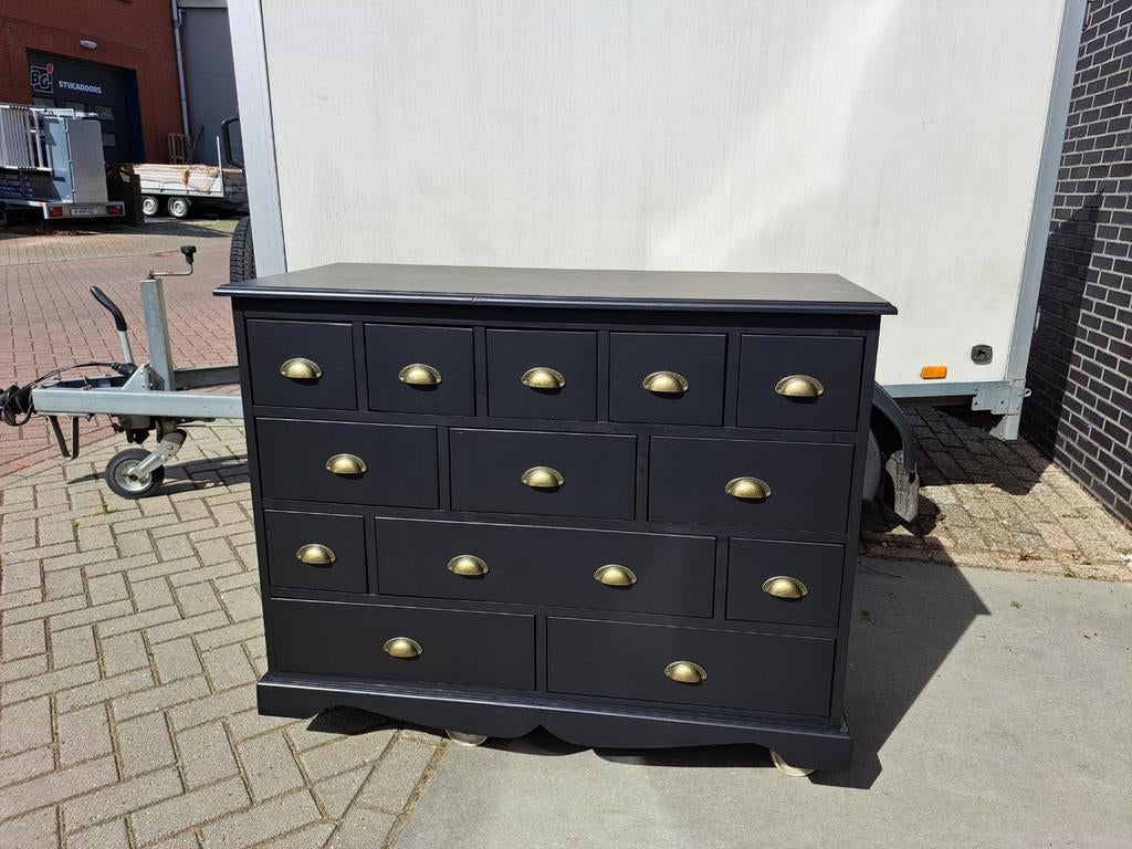 Matzwarte ladekast  commode   refurbished 13 lades, Ophalen, RoDeKo Volendam, R.kooij65@gmail.com, Gebruikt