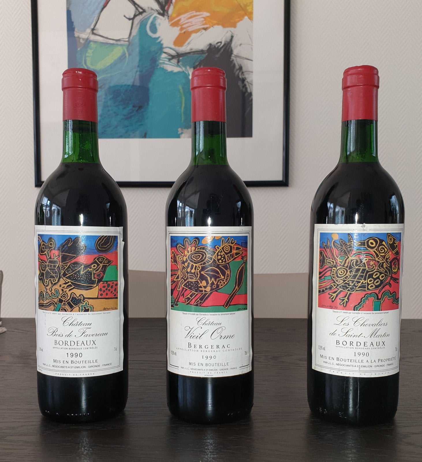 Rode Bordeaux wijn met Corneille etiket uit 1990., Verzamelen, Ophalen, Frankrijk, Zo goed als nieuw, Rode wijn