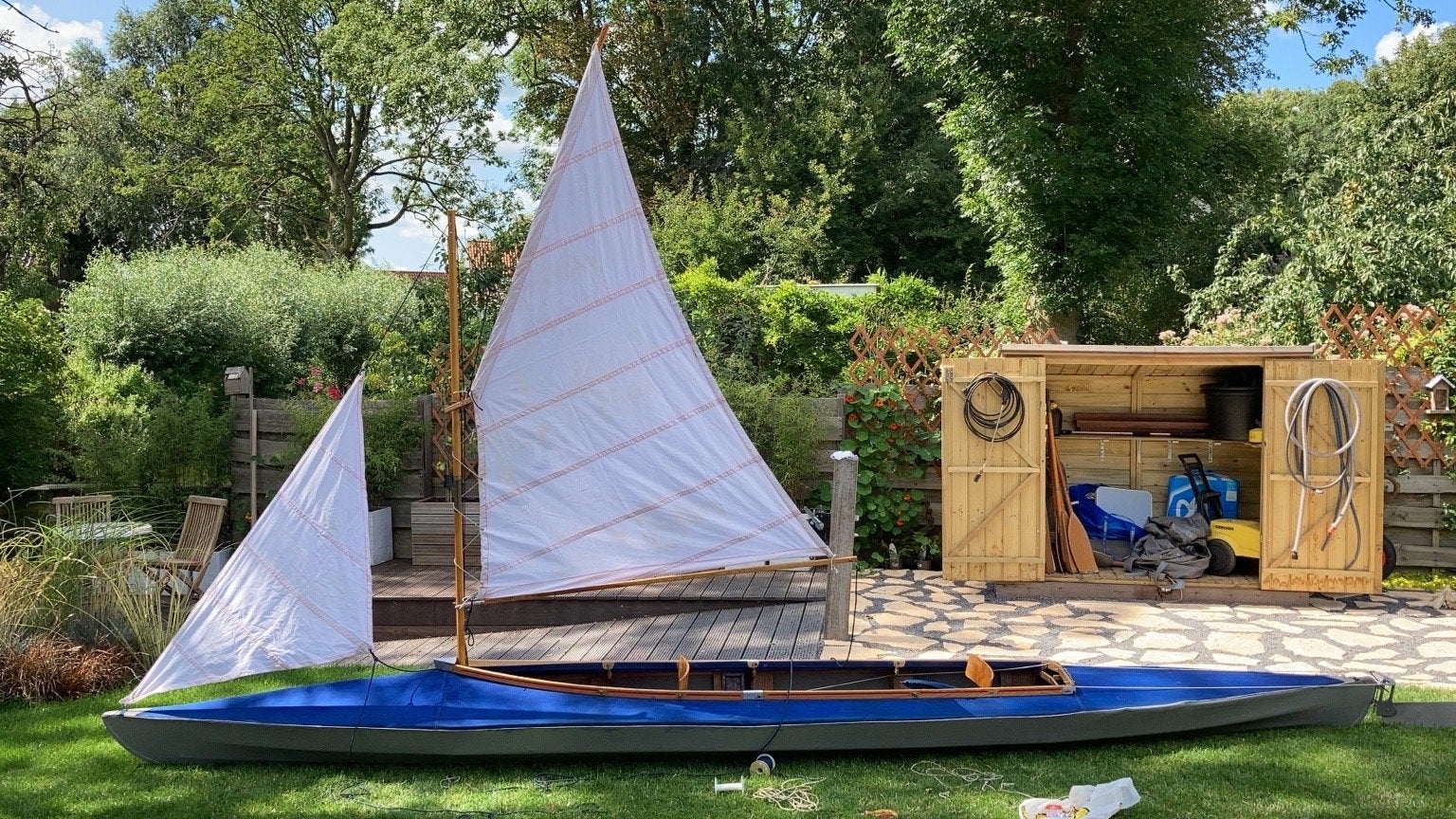 Unieke vouwkano met peddels en zeilen. Pouch RZ 85/3, Ophalen, Gebruikt, Hout, Dekzeil