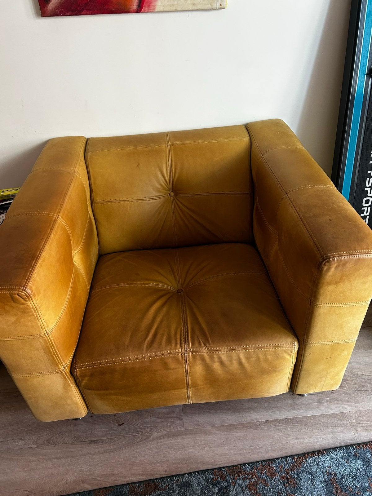 Leren fauteuil - Okergeel, Huis en Inrichting, Fauteuils, Ophalen, Gebruikt, Leer, 75 tot 100 cm