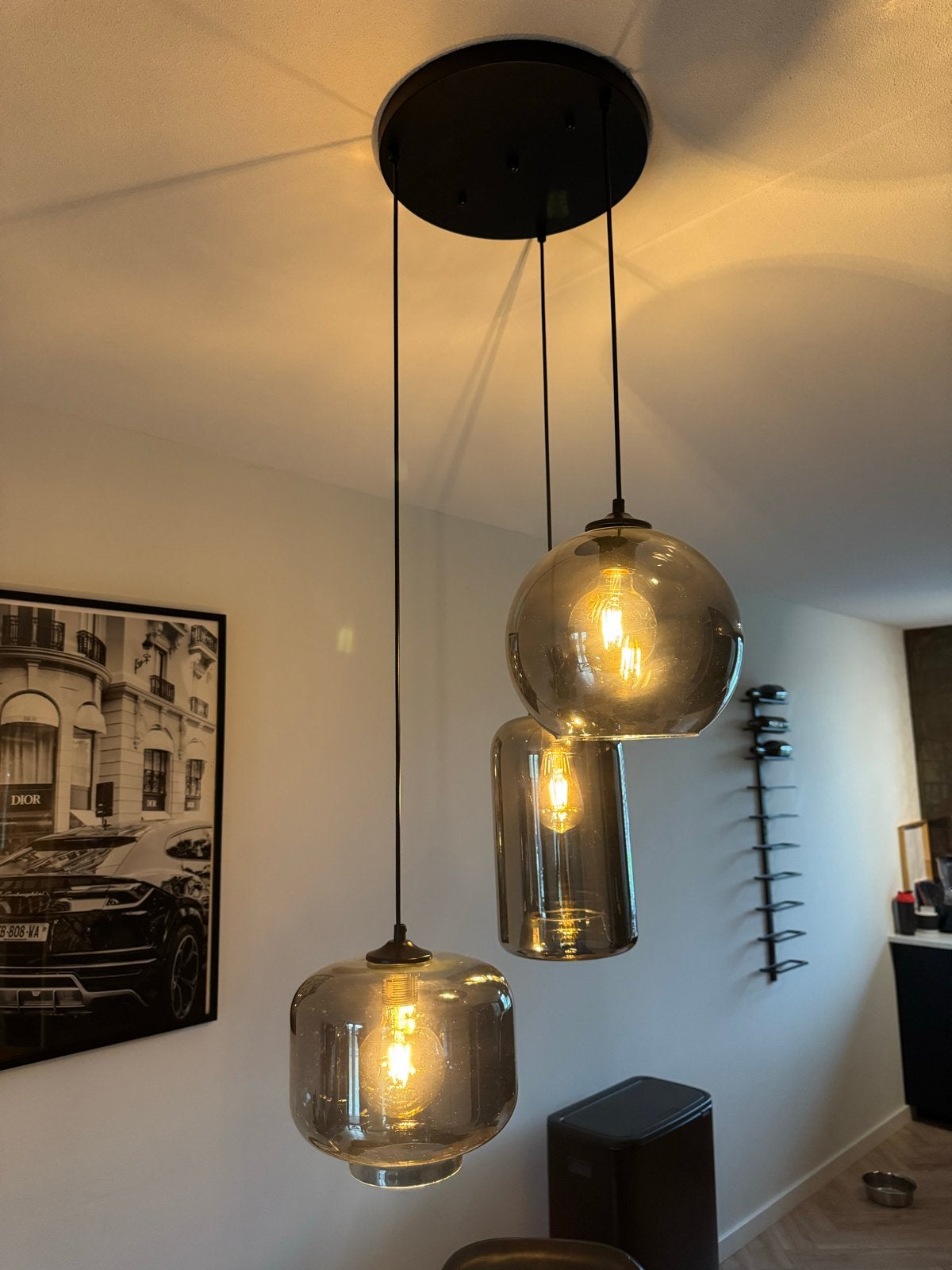 Moderne hanglamp met 3 glazen kappen - Grijs/Zwart, Ophalen, Zo goed als nieuw, Glas, E27 (groot)
