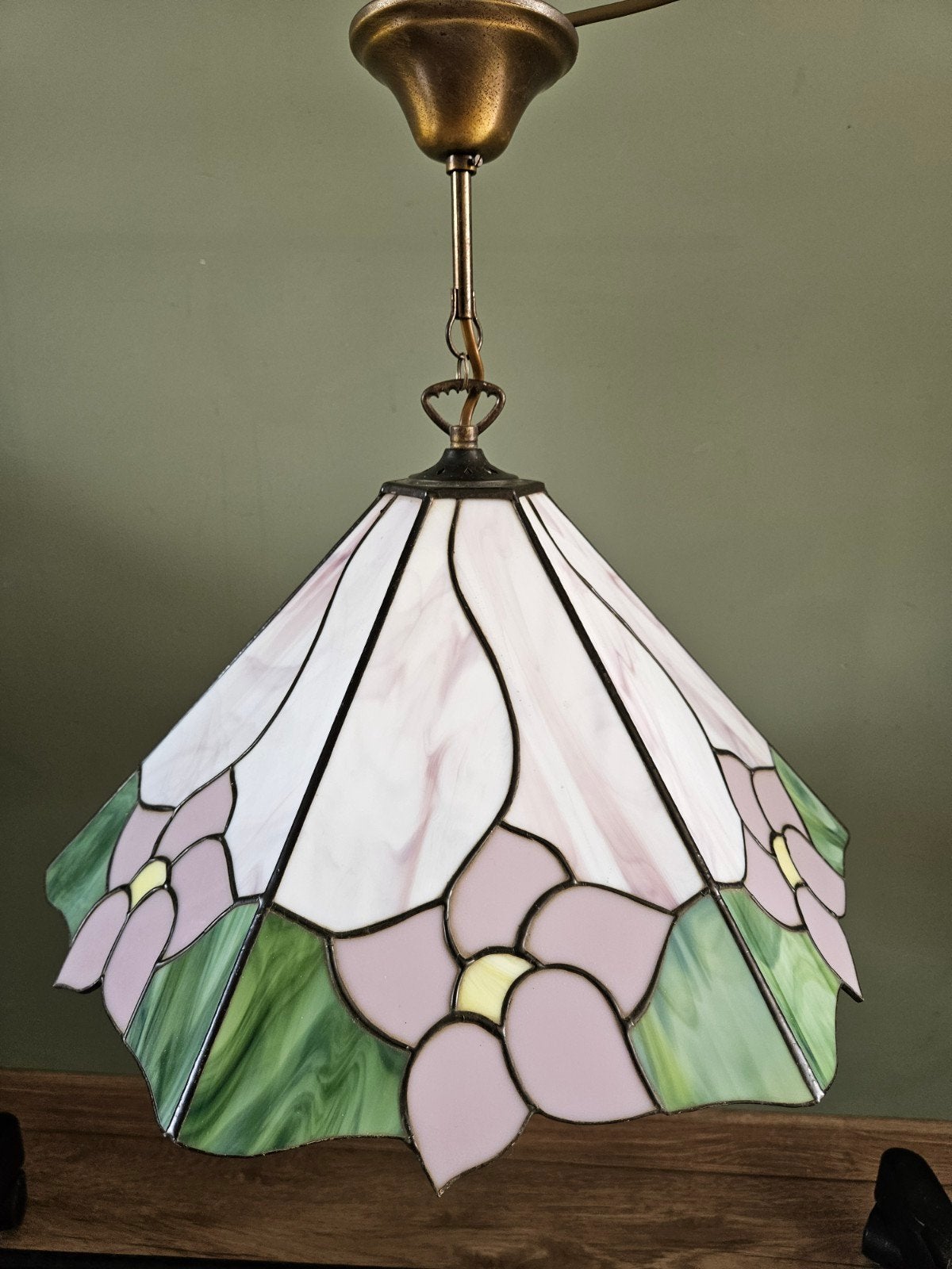 Tiffany Stijl hanglamp met bloemmotief, vintage, Ophalen, Gebruikt, Minder dan 50 cm, Tiffany
