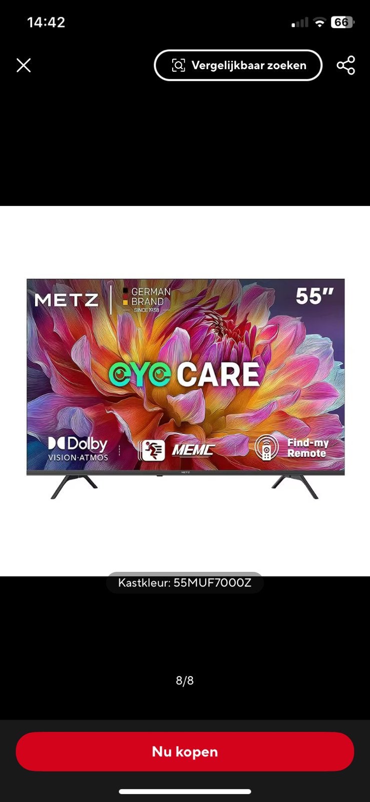 Grootbeeld TV 55 inches led HD, met voicefunctie en remote, Eén persoon