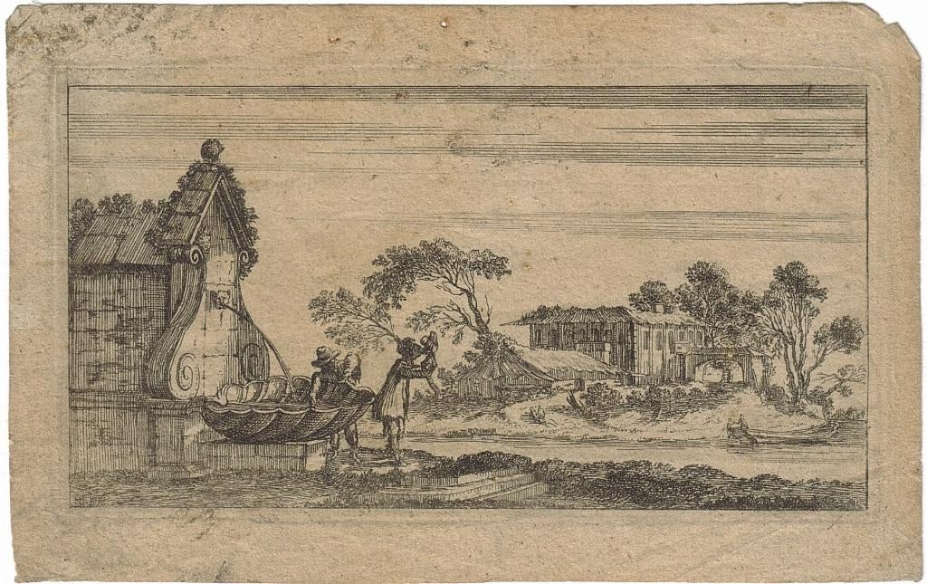 Onbekende Franse Maker 17e eeuw ets "Drinken in de Fontein", Ophalen