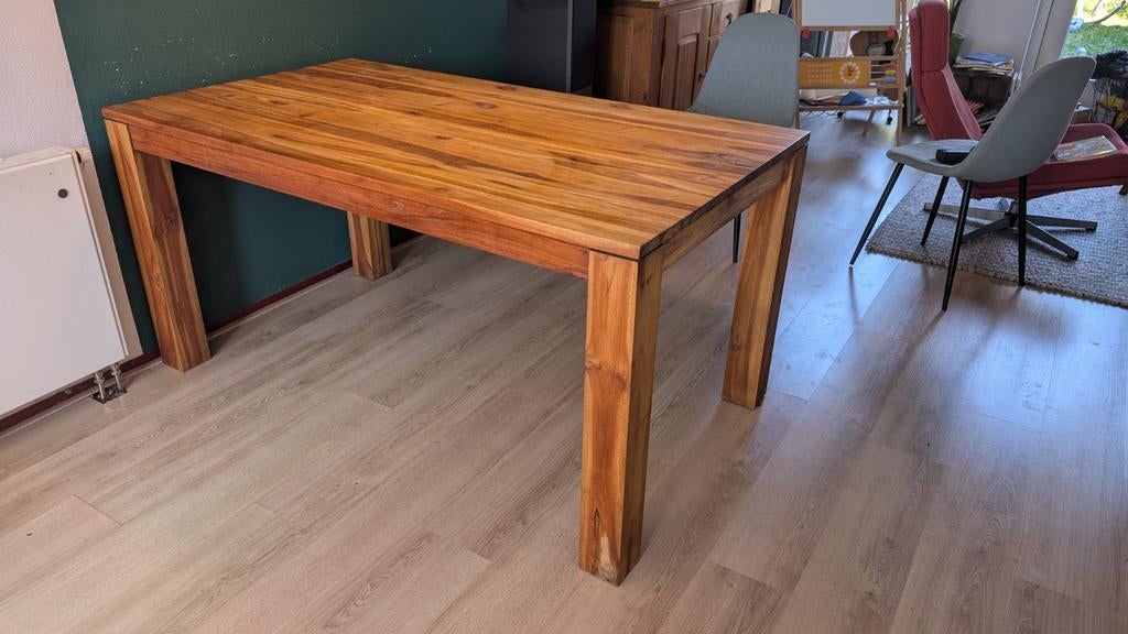 Massief Teakhouten Eettafel - 160x90 cm, Ophalen, Gebruikt, Teakhout, 50 tot 100 cm