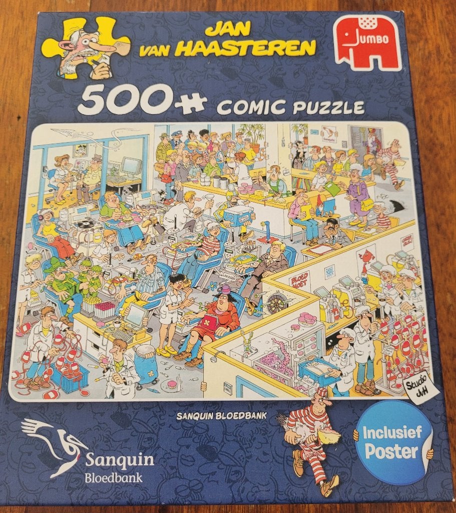 Jan van Haasteren legpuzzel 500 stukjes "Sanquin Bloedbank", Ophalen of Verzenden, 500 t/m 1500 stukjes, Zo goed als nieuw