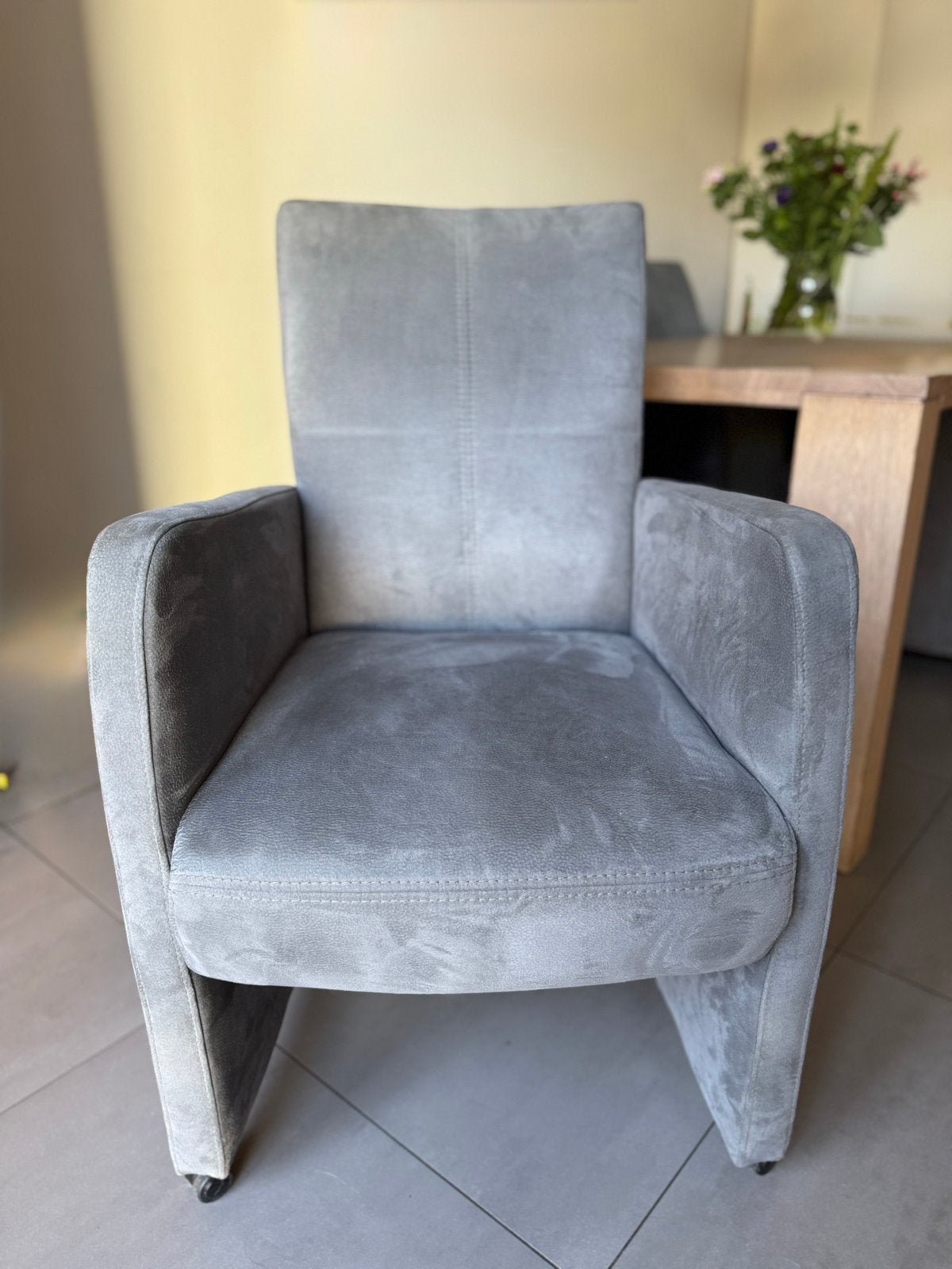 6 Goossens eetkamerstoelen Riva, grijs, met wieltjes, Ophalen, Gebruikt, Vijf, Zes of meer stoelen, Stof