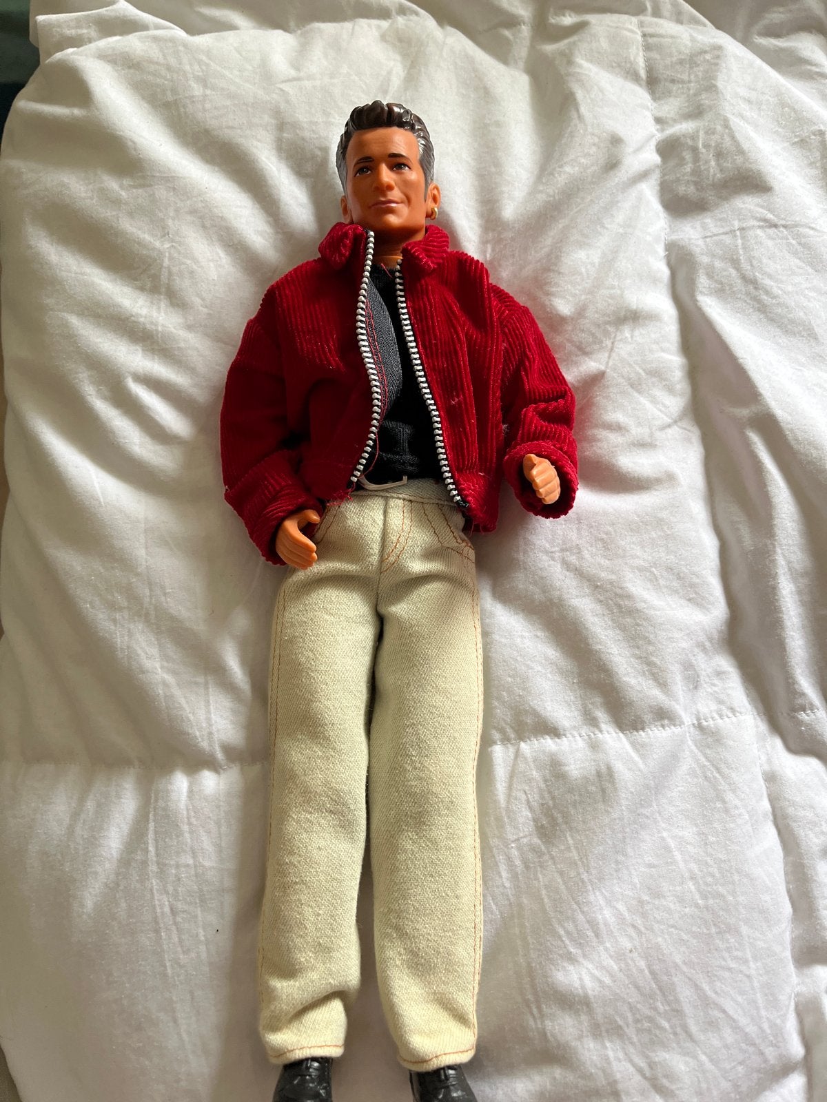 Vintage Luke Perry Barbie pop in rode corduroy jas, Ophalen of Verzenden, Gebruikt, Barbie