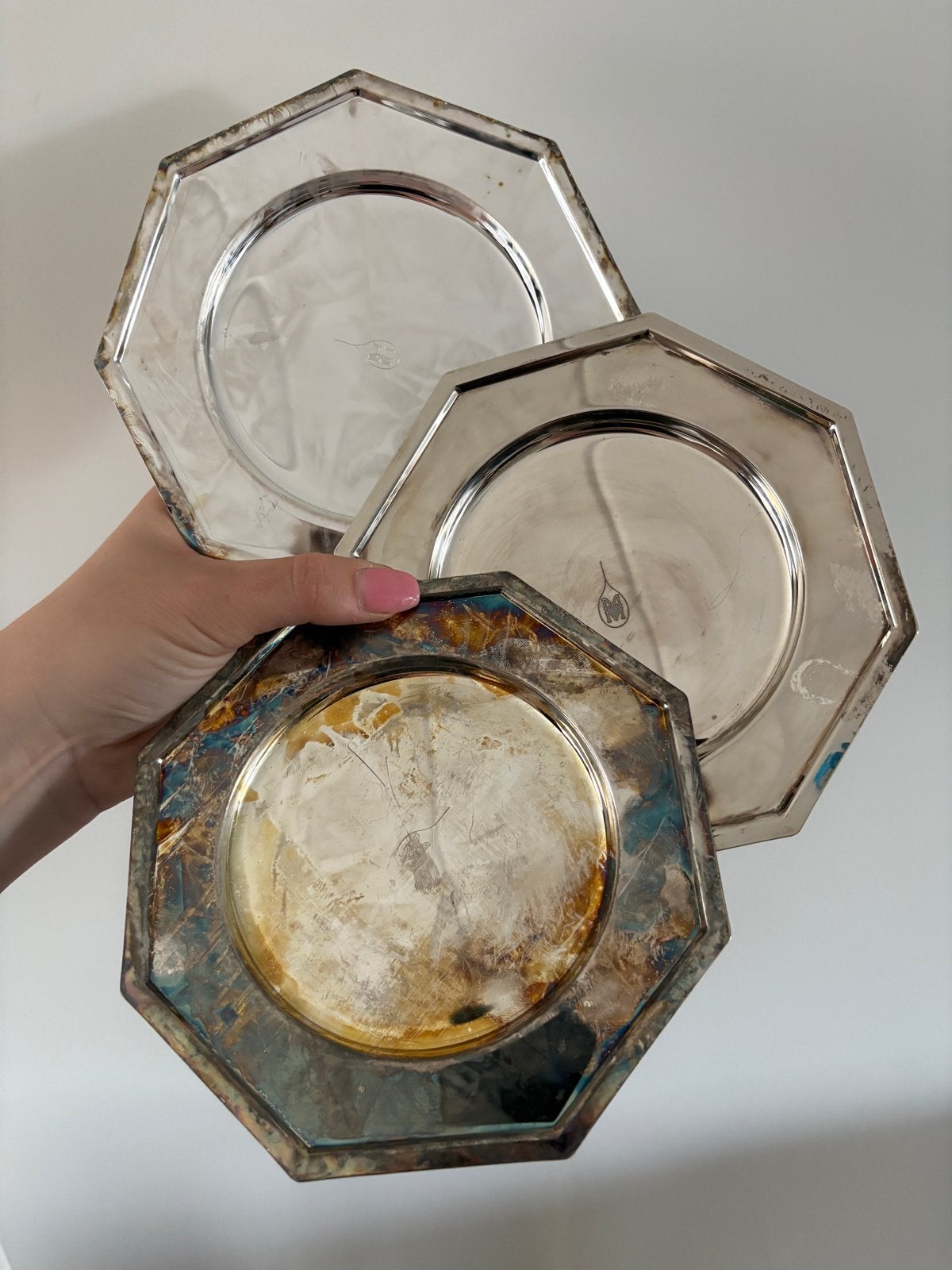 Set van 3 achthoekige zilveren schaaltjes, Ophalen, Zilver