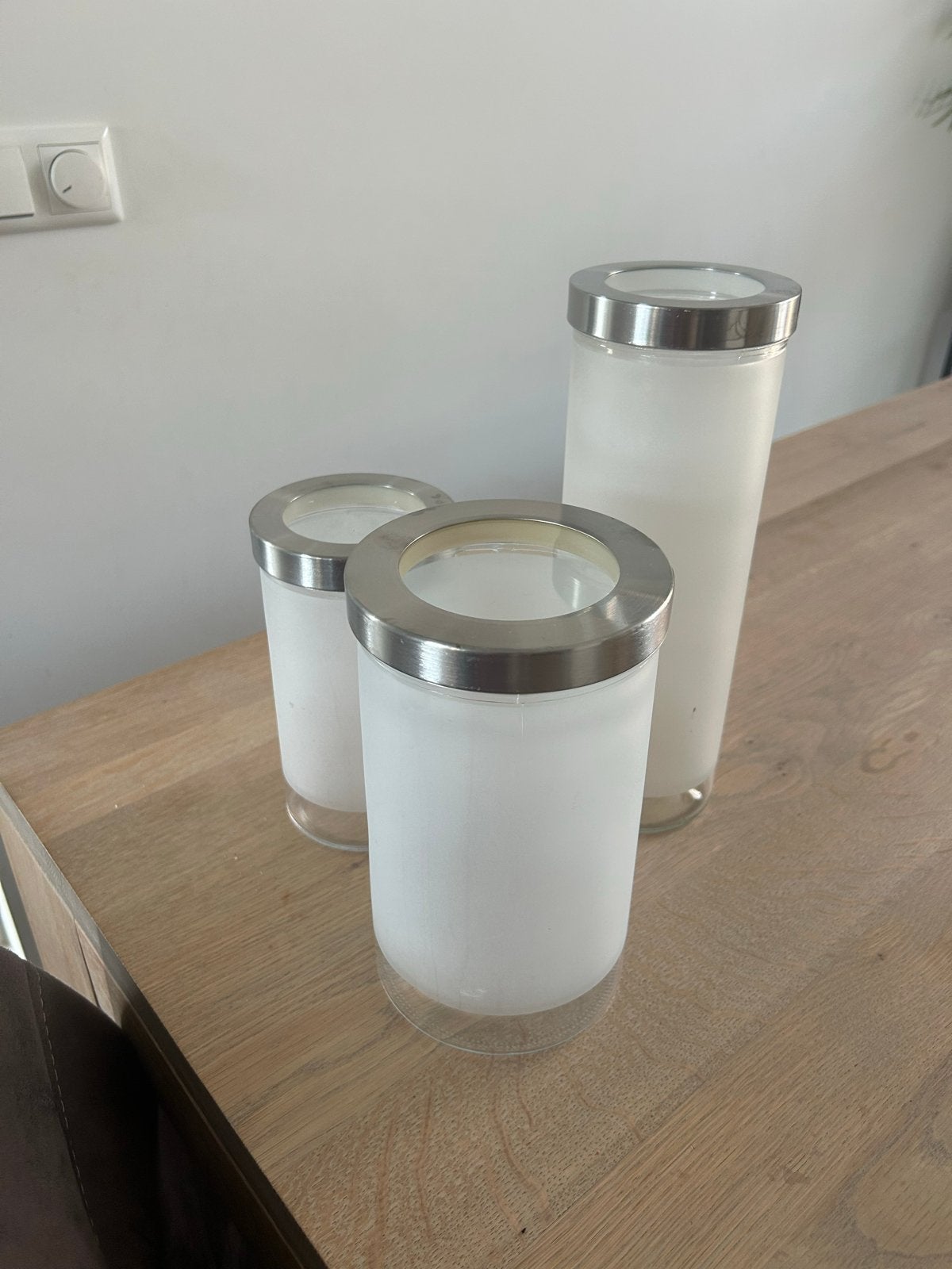 Set van 3 glazen potten met metalen rand - IKEA, Gebruikt, Met deksel, Pot, Bus of Blik, Ophalen of Verzenden