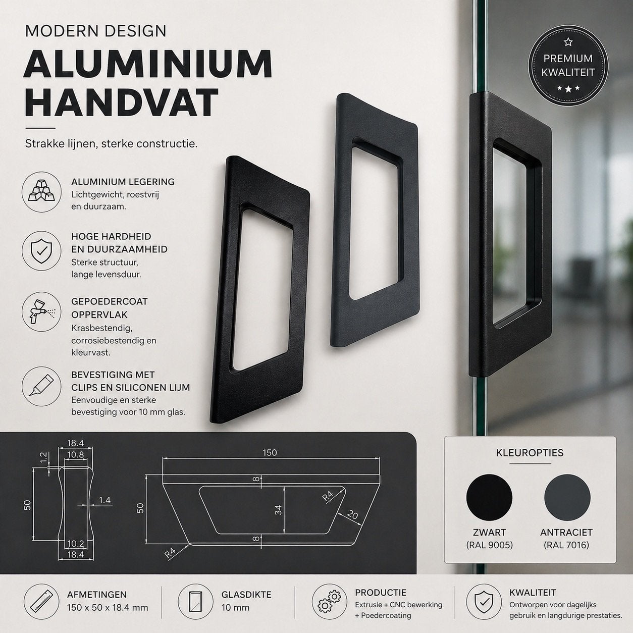 Handvatten voor glazen schuifwanden 10 mm glas, 3704TR, Nieuw, 160 cm of meer, Glasplaat
