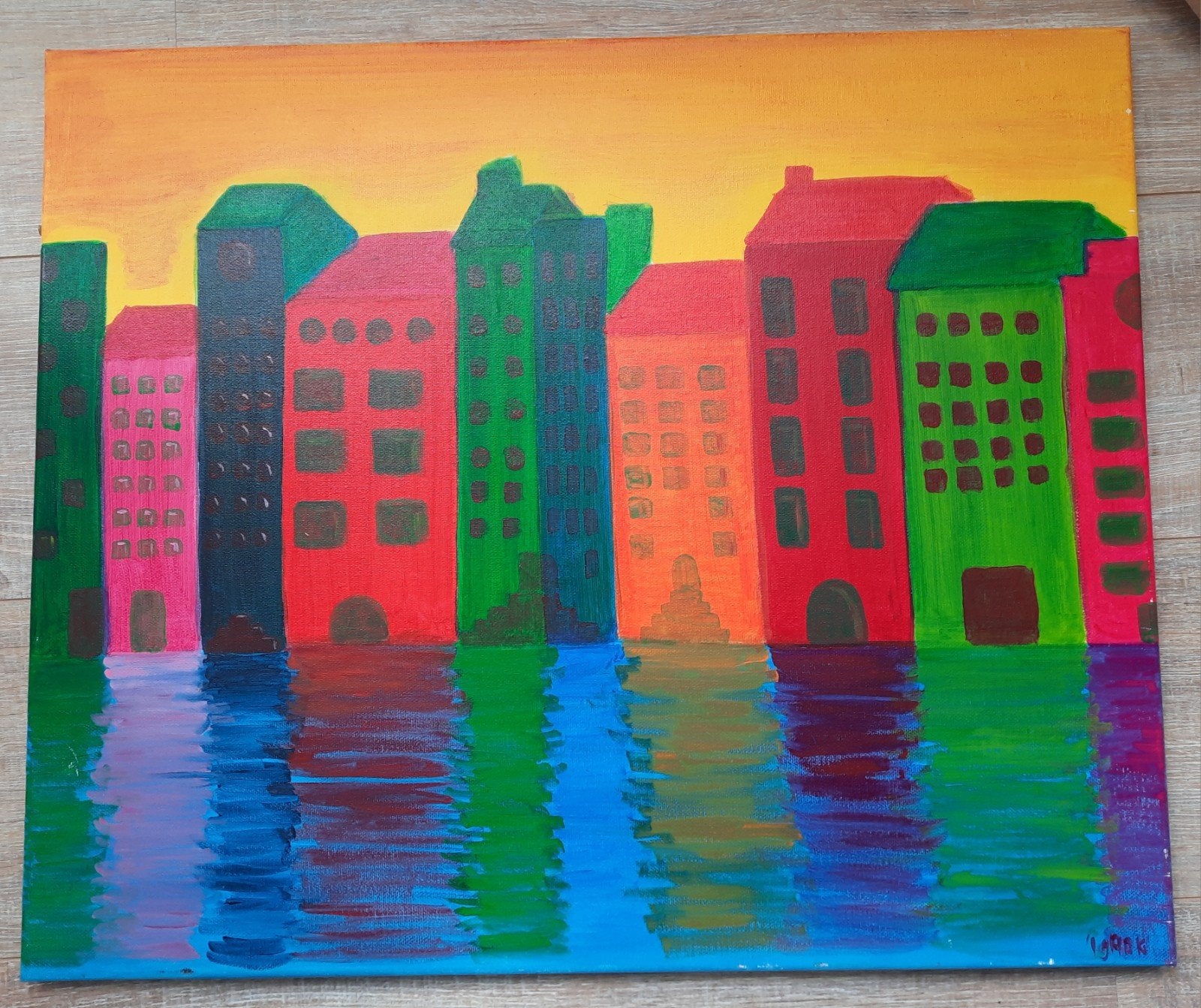 Kleurrijke Huizen aan het Water - Acryl Schilderij, Ophalen of Verzenden