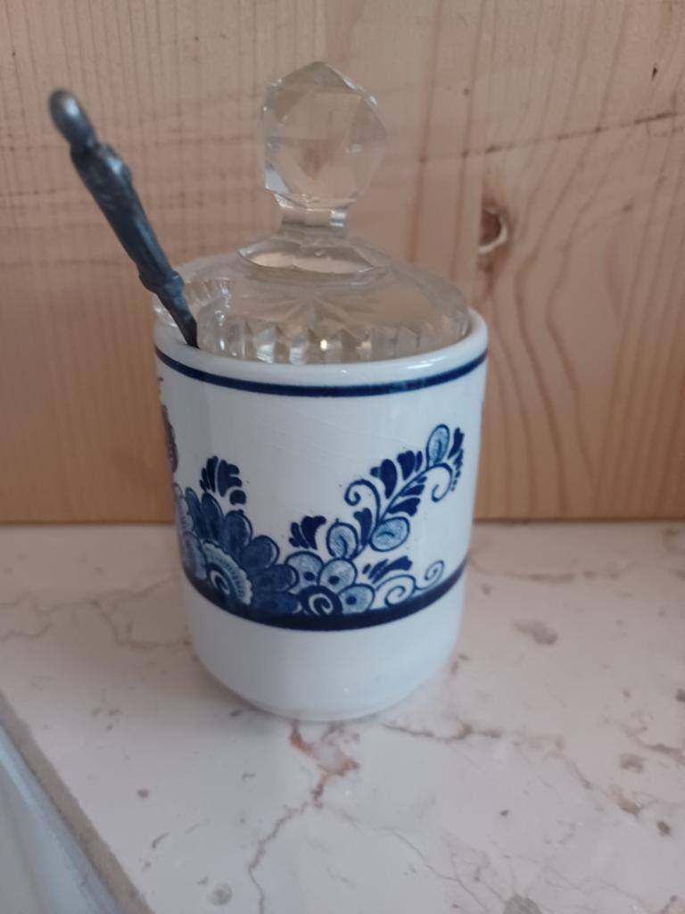 Delfts Blauw mosterdpotje met lepel en glazen deksel, Ophalen of Verzenden
