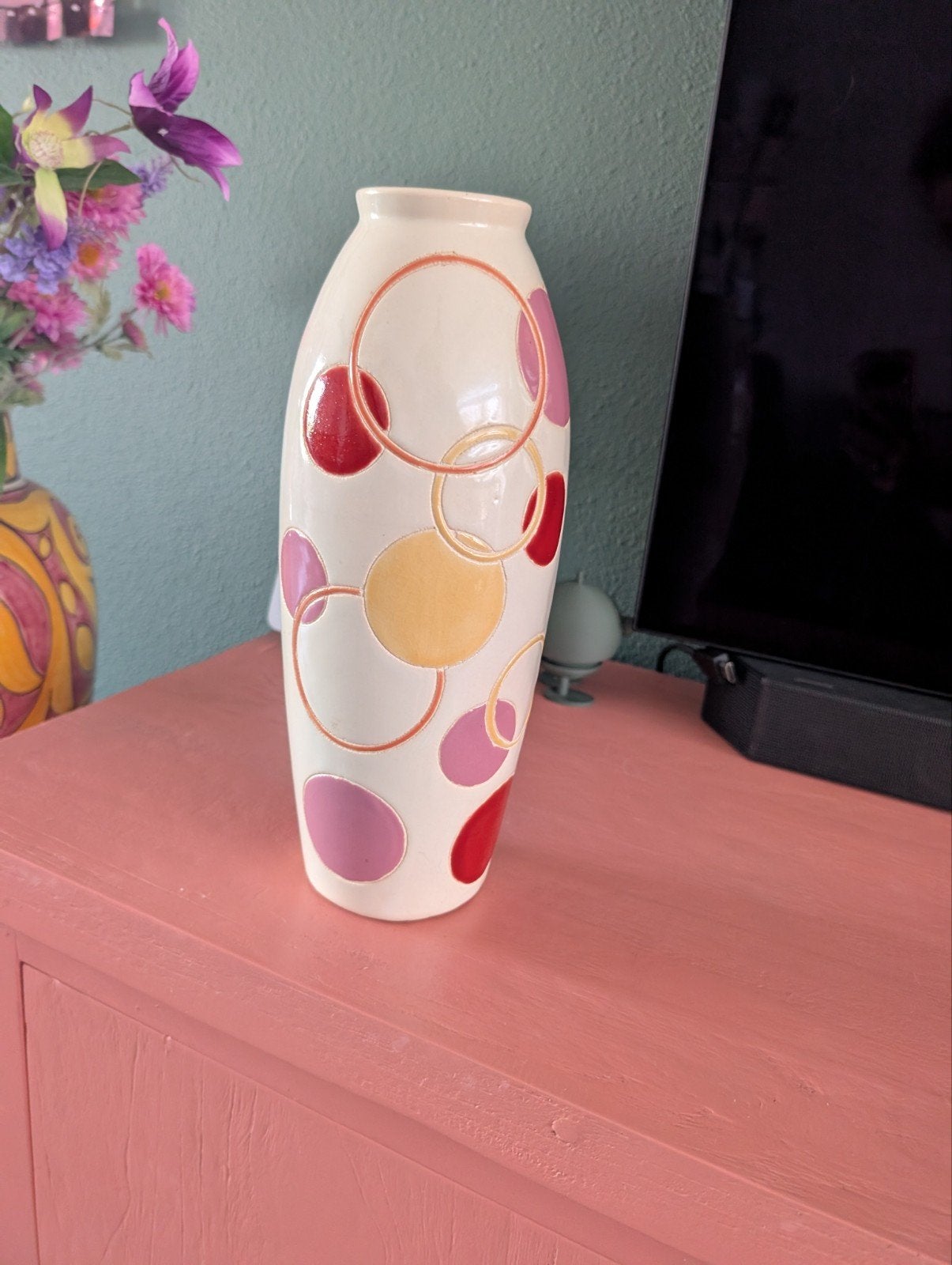 Decoratieve vaas met kleurrijke cirkels, Ophalen of Verzenden