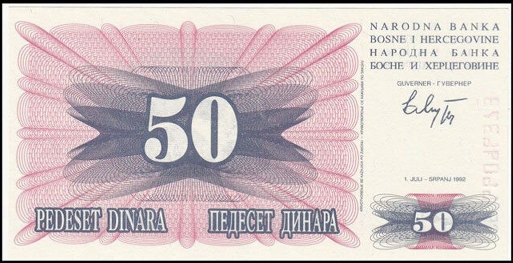 Bosnië en Herzegovina bankbiljet 50 Dinara 1992 UNC, Pick 12, Ophalen of Verzenden, Overige landen, Los biljet