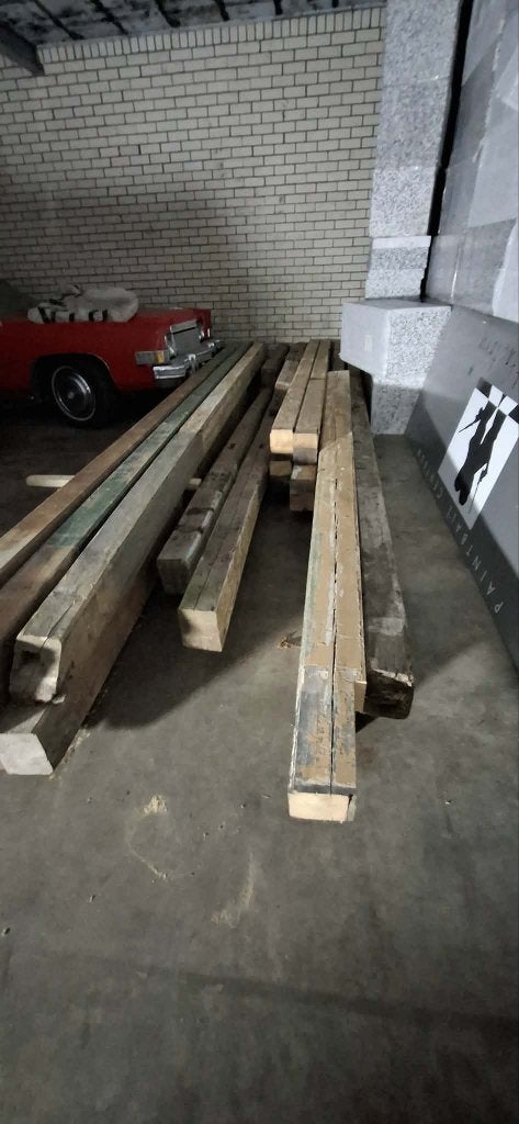 Grote partij mooie harde grenen kraalbalken 14/19, Ophalen, Gebruikt, Grenen, Balk