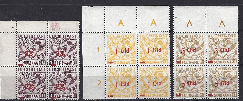 Suriname luchtpost 24-26 blokken PF Overdrukken 1945, Postzegels en Munten, Ophalen of Verzenden, Postfris