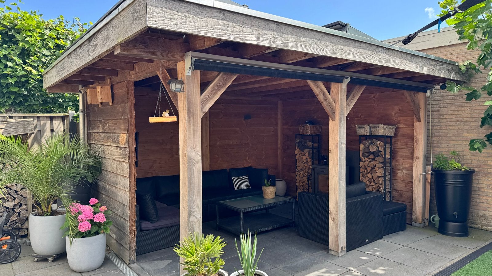 Douglas overkapping 5x4m met windbreekschermen, Ophalen, Gebruikt, Veranda