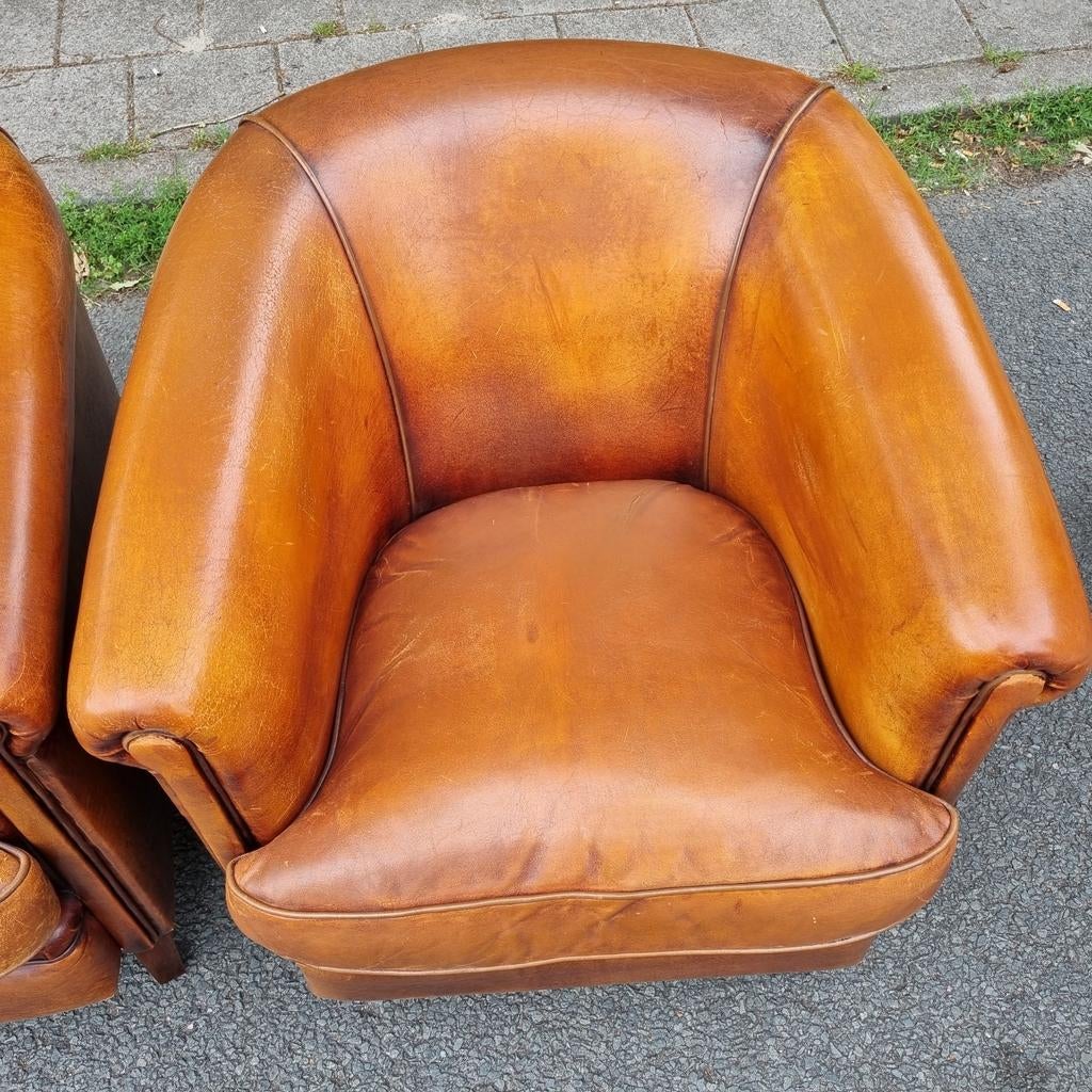 2x schapenleren club fauteuil bruin leer + BEZORGING GRATIS, Gebruikt, ., Ophalen of Verzenden, .