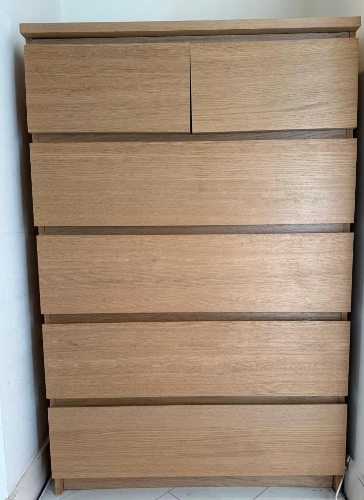Malm Ladekast 6 lades, wit gelazuurd eikenfineer, Ophalen, 5 laden of meer, 100 tot 150 cm, Eikenhout