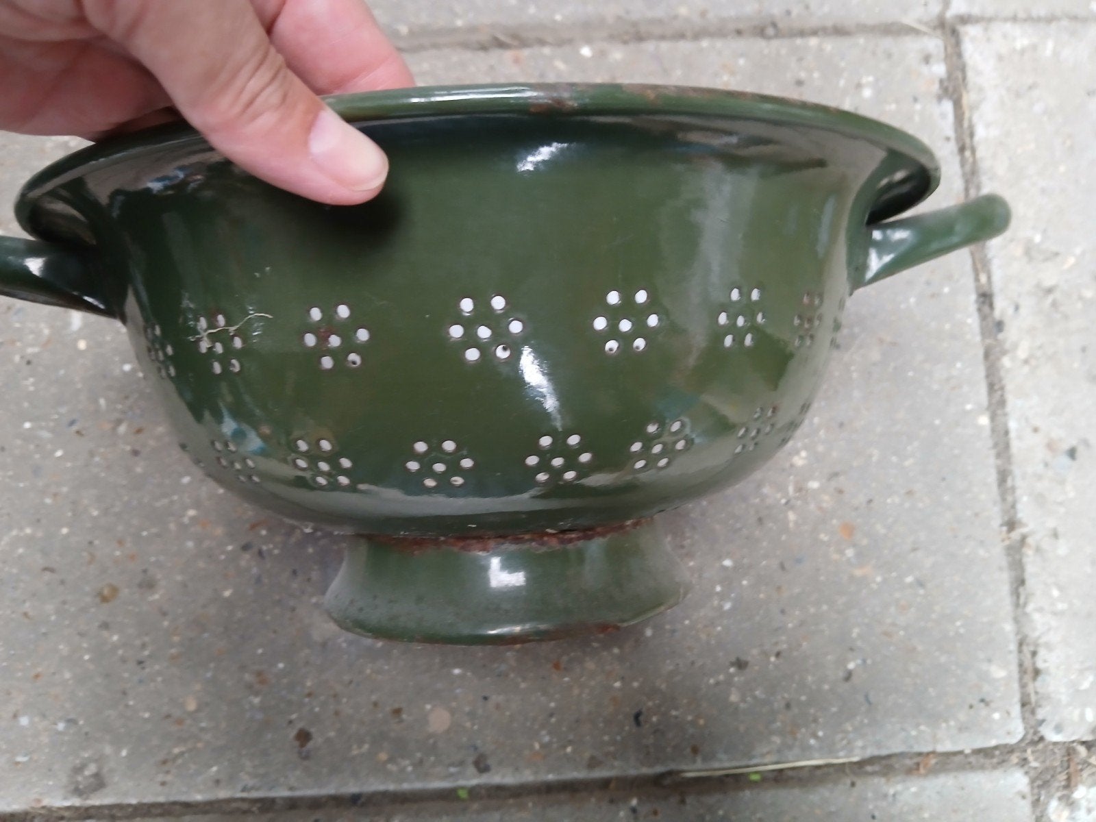 Groene emaille vergiet., Antiek en Kunst, Antiek | Emaille, Ophalen