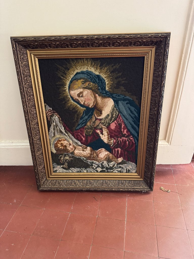 Vintage geborduurd schilderij Maria - Jezus prachtige lijst, Antiek en Kunst, Ophalen