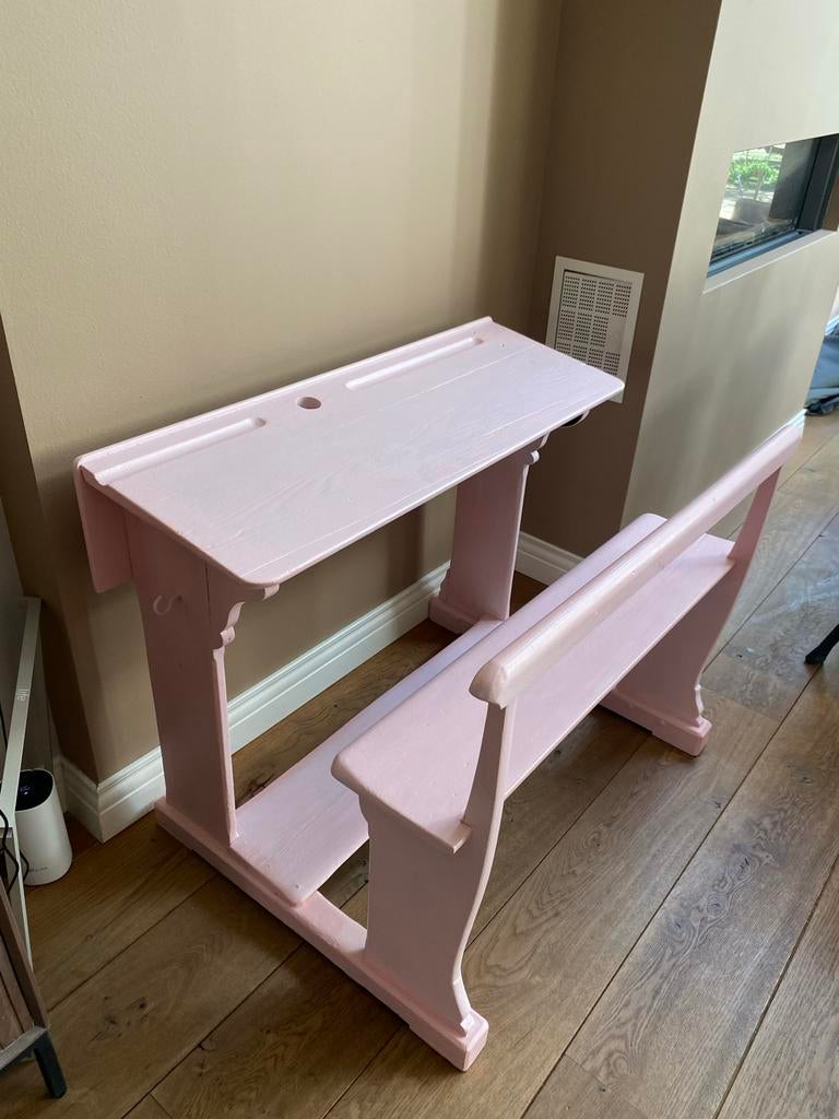 Vintage kinder schoolbankje met bankje - Roze, Ophalen, Gebruikt