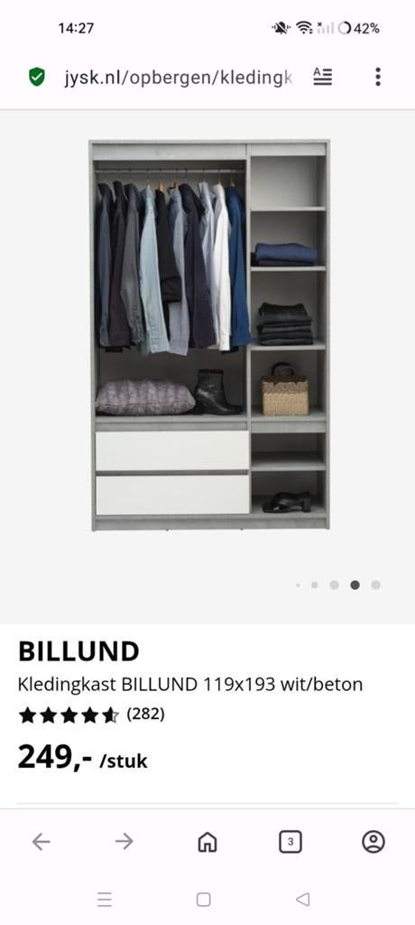 Kledingkast BILLUND 119x193 wit/beton - Zo goed als nieuw, 100 tot 150 cm, Met plank(en), Ophalen of Verzenden, Zo goed als nieuw