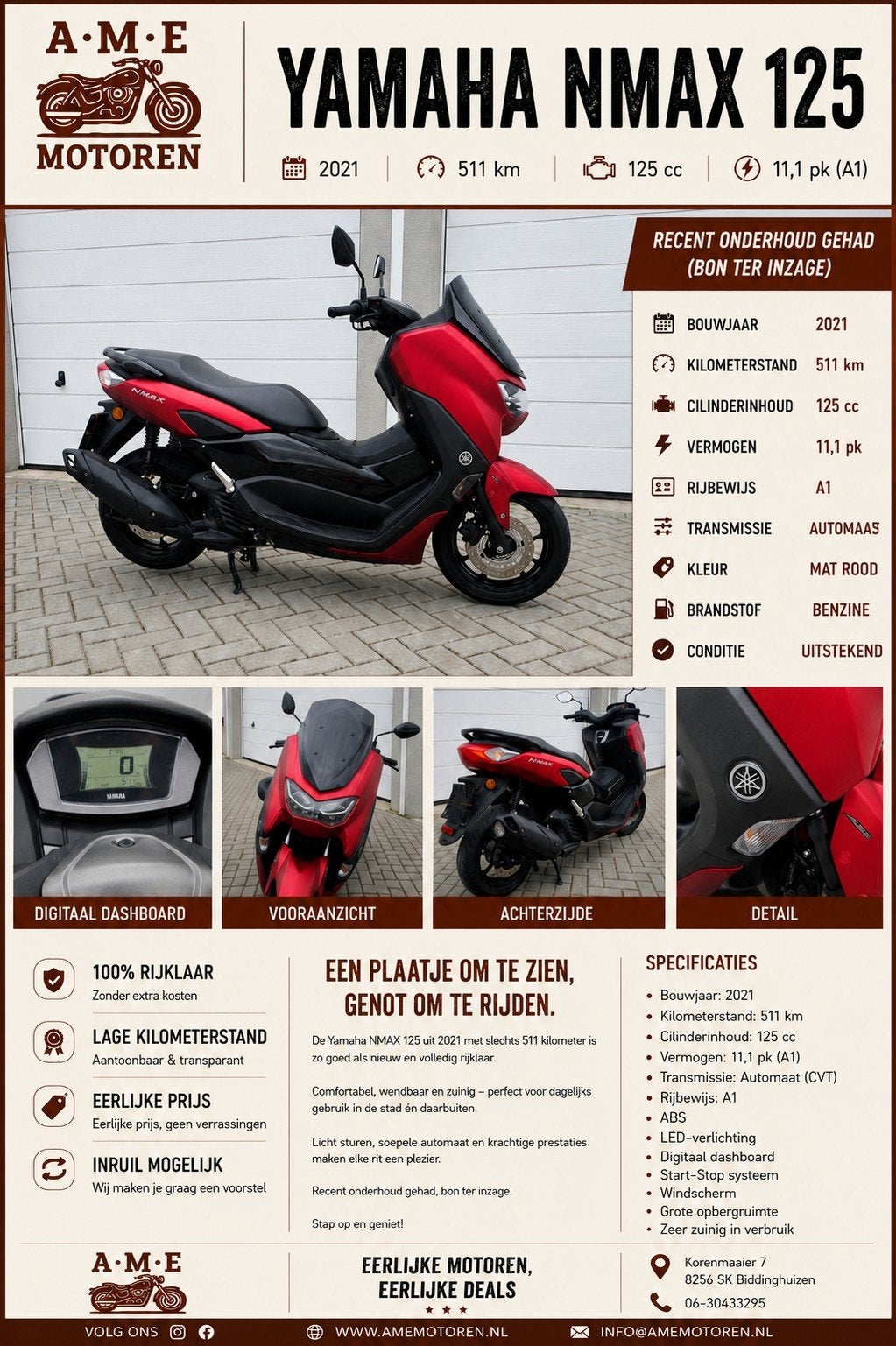 Yamaha NMAX 125, YBR125, Orcal125 A1 geschikt, zeer netjes, Motoren, Motoren | Yamaha, Scooter, Bedrijf, Nb, Yamaha