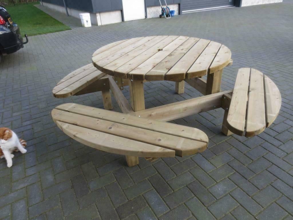 Ronde Talen 8 persoons Picknicktafel met open instap!, Tuin en Terras, Picknicktafels, Nieuw, Rond, Hout, Ophalen