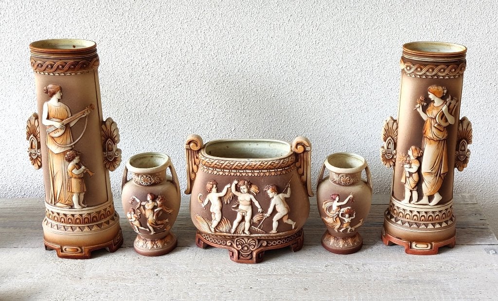 Prachtig 5 delig antiek bisquit porseleine vazen set 1880, Antiek en Kunst, Antiek | Vazen, Ophalen of Verzenden