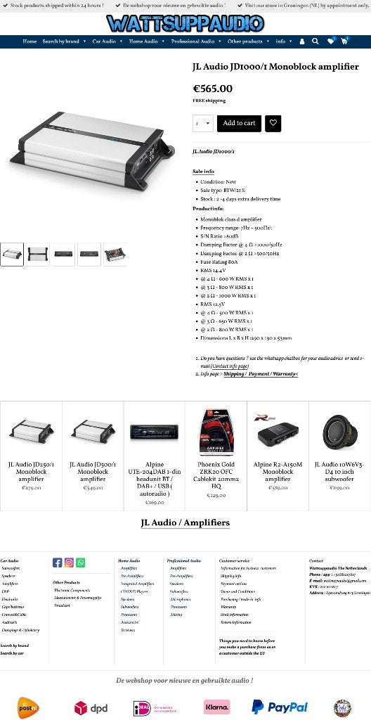 JL Audio JD1000/1 Monoblok versterker 1000W RMS 2 ohm, Hifi-Focus, Aalsmeerderweg 173 1432 CL, Aalsmeer, Nieuw, Ophalen of Verzenden
