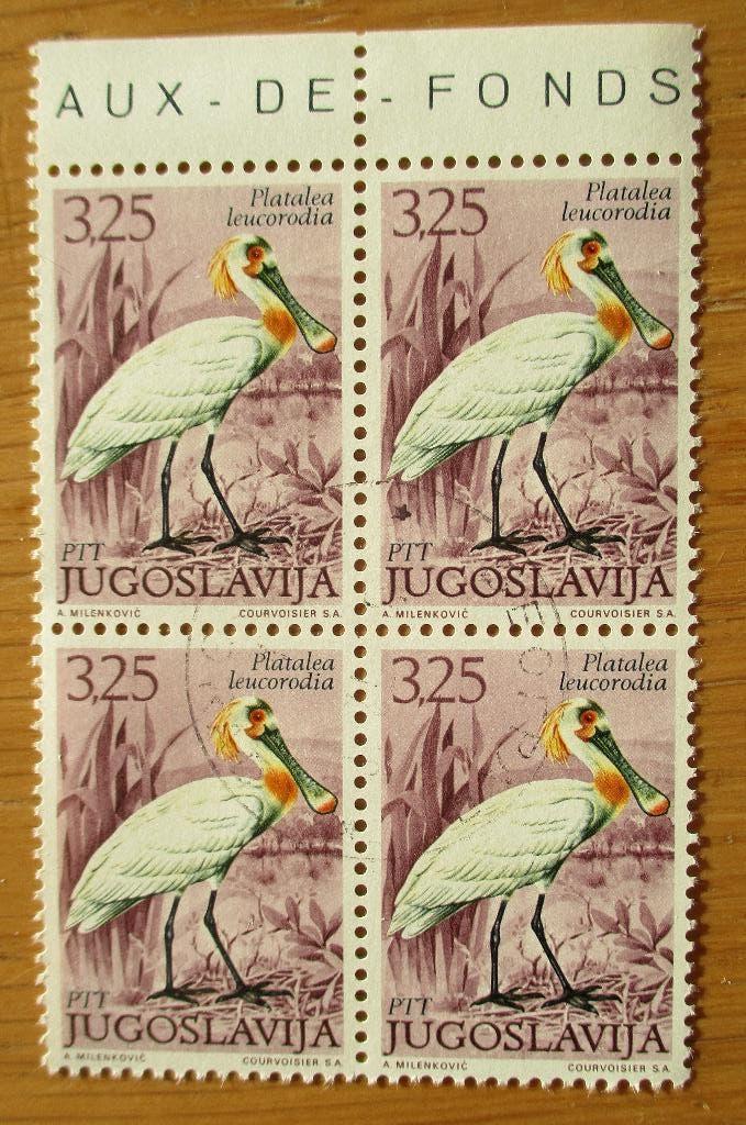 Joegoslavië, Lepelaar in een blokje van vier, Verzenden, Gestempeld, Dier of Natuur