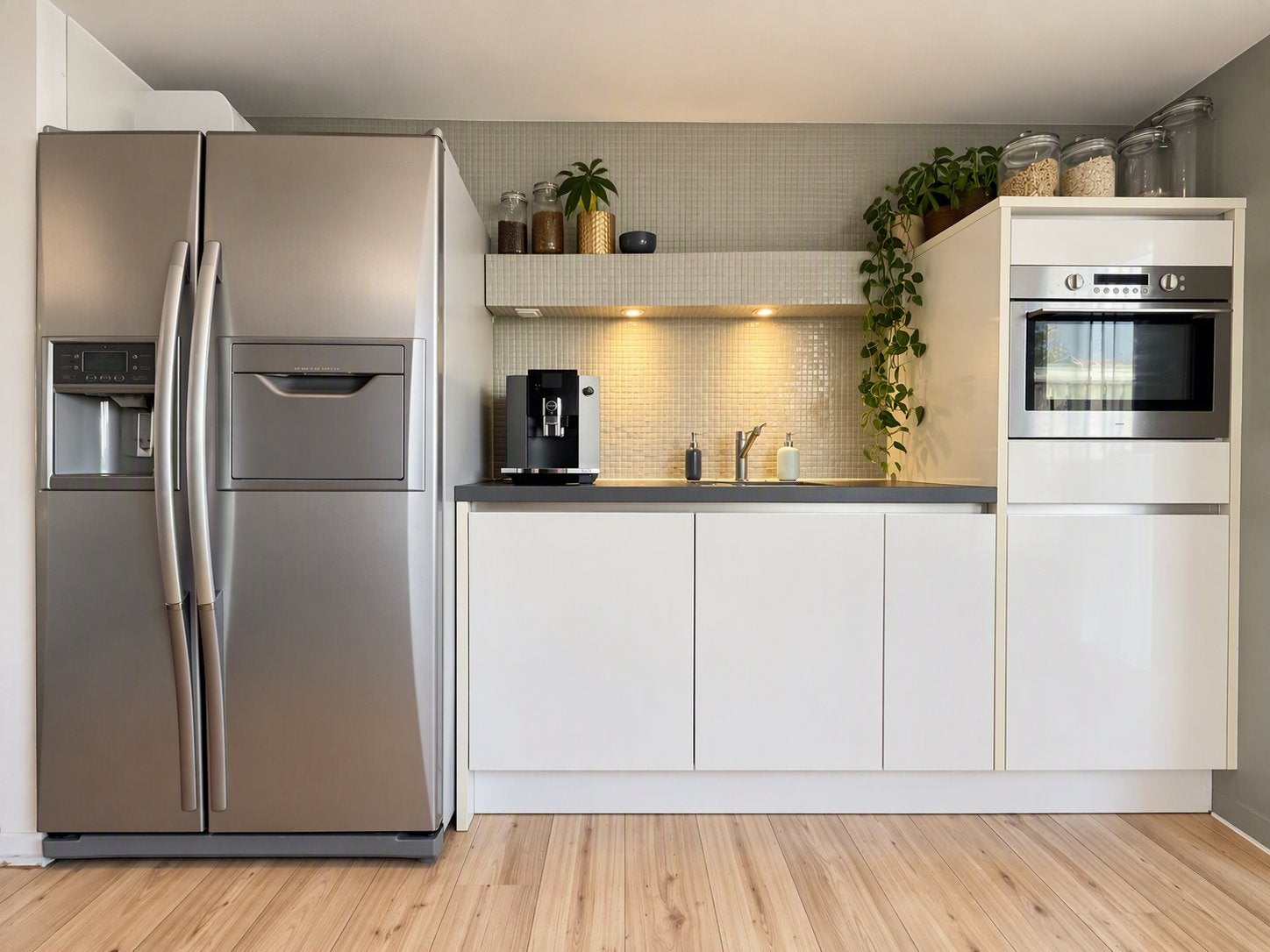 Moderne witte keuken met kookeiland en apparatuur, Ophalen, Gebruikt, Greeploos, Wit