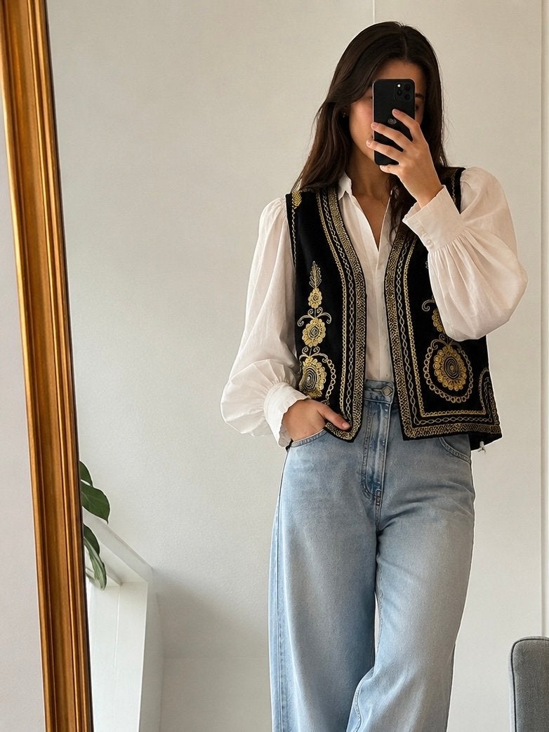 Handgemaakt fluwelen gilet met borduursel - Maat M - Nieuw, Ophalen of Verzenden, Nieuw
