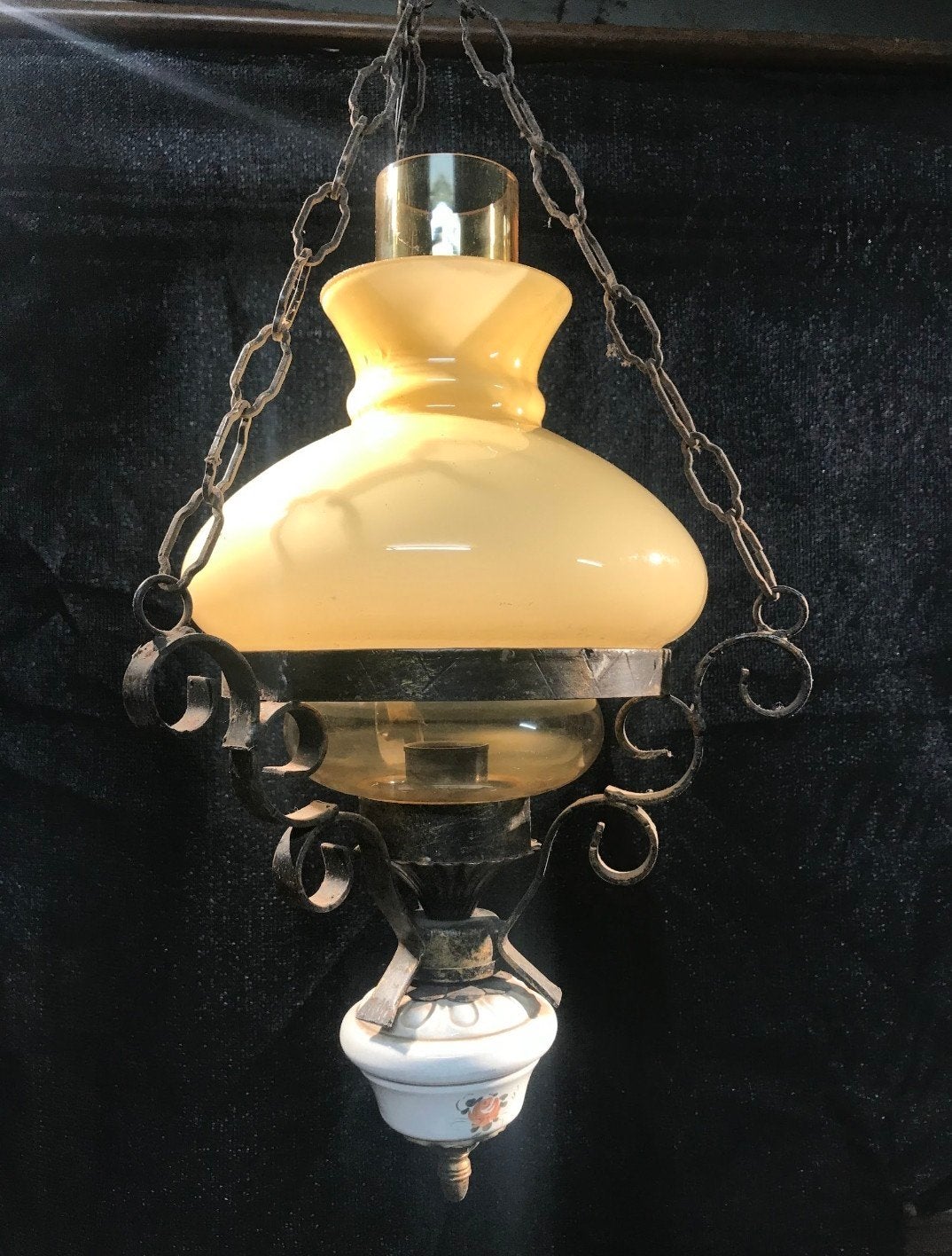 Antieke hanglamp / schipperslamp - Glas, ijzer, porselein, Ophalen