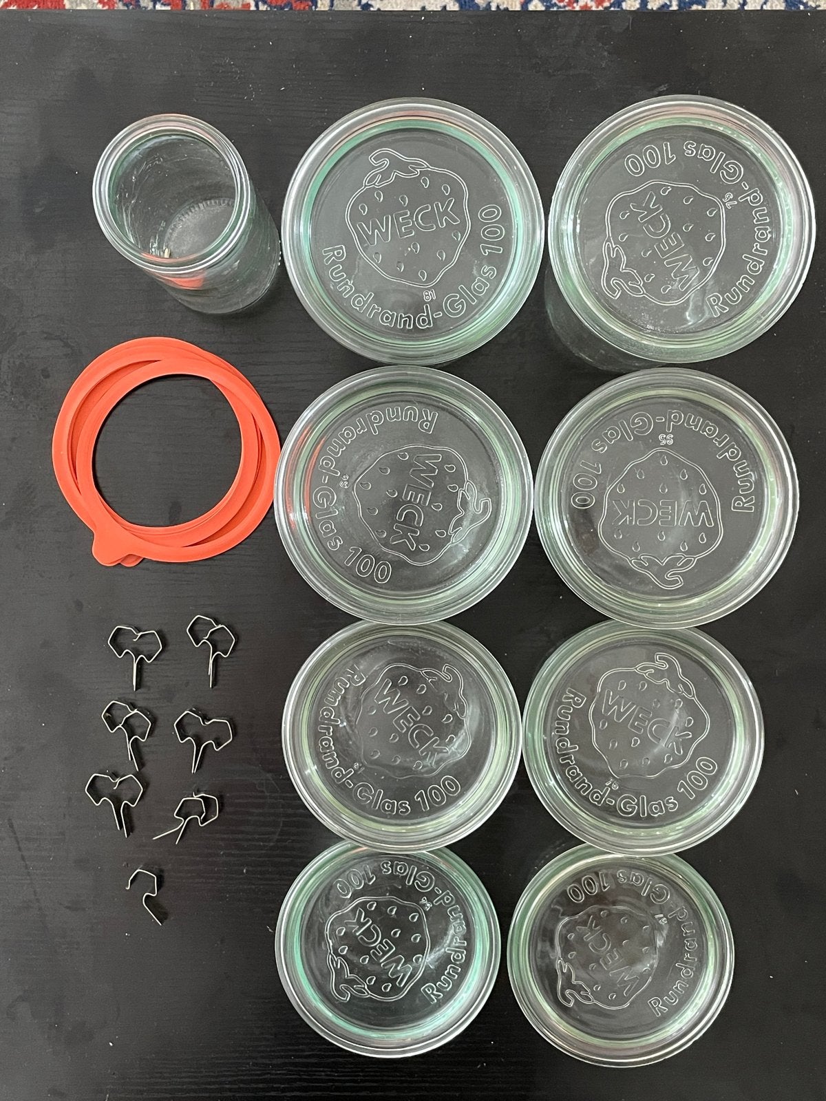 Weckpotten - 9 stuks met deksels, ringen en clipjes, Ophalen of Verzenden, Voorraadpot, Overige merken, Glas